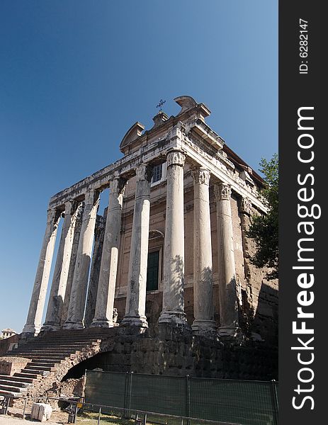 The ruins of Roman forum. Temple of Antoninus and Faustina. Rome, Italy.
