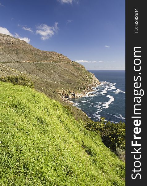 The lush landscape along Chapman's Peak Drive in Cape Town, South Africa