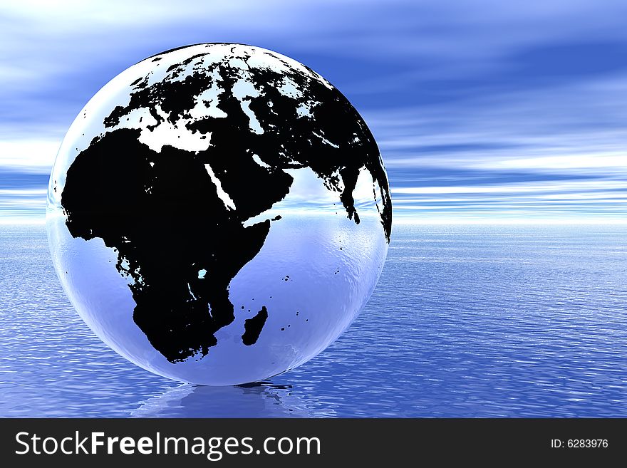 Globe in ocean in the blue sky background