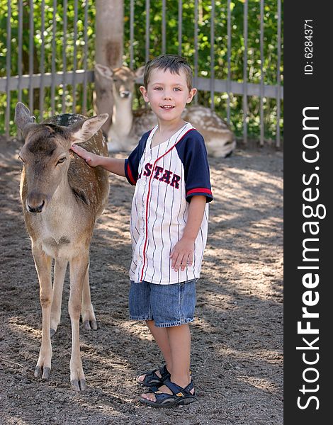 Young boy touching the back of a small deer