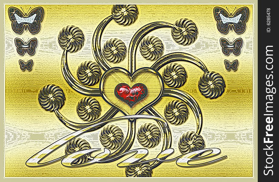 Great creative abstract colored bright rich textured image emblem of love, in the form of a golden floral pattern, red heart and the inscription Love.