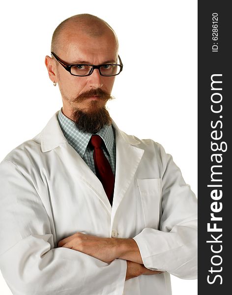 Young attractive male doctor, studio, isolated over white