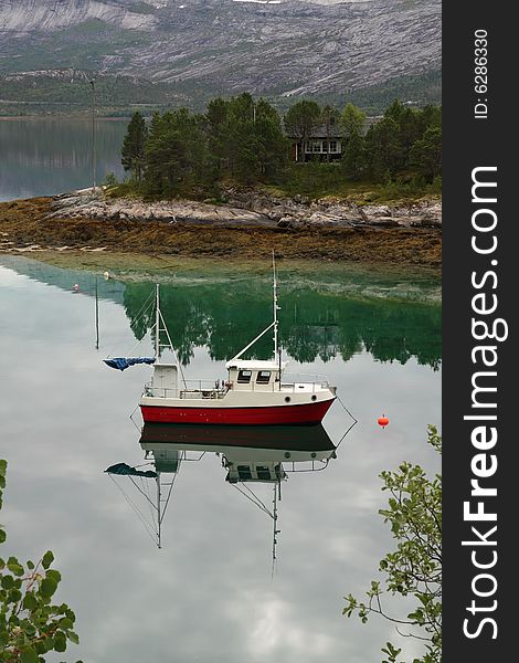 Norway landscape, fjord and mountains in the background