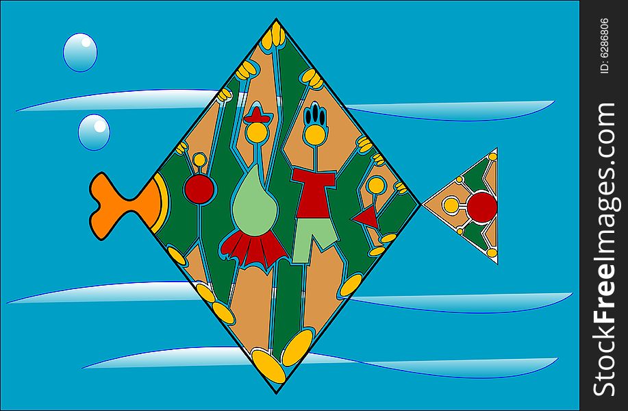 A decorative fish and family with blue background. A decorative fish and family with blue background