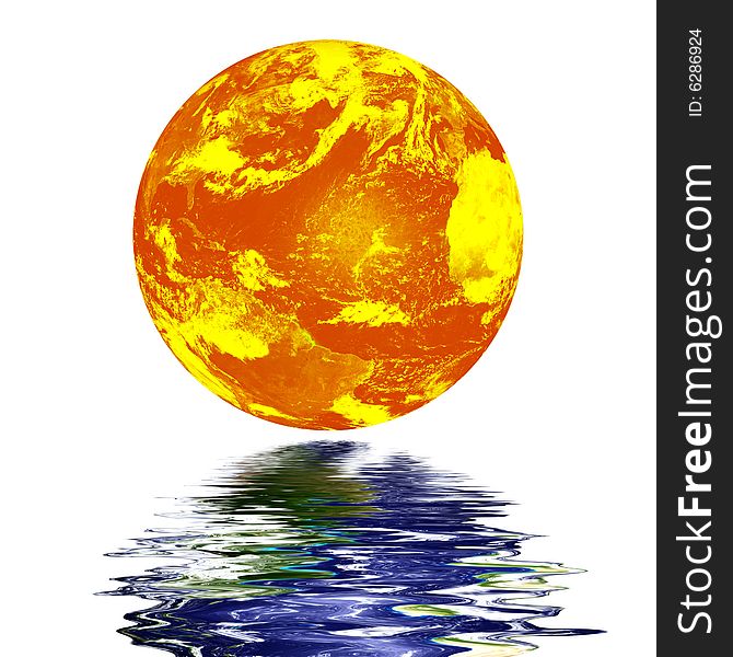 Planet earth reflected on top of water, global warming concept
