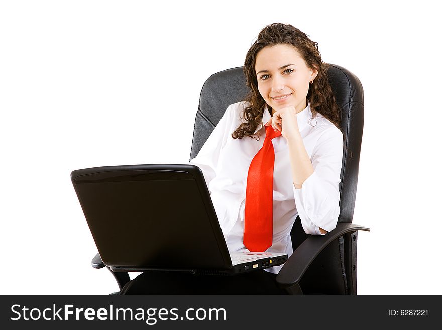 Business woman in armchair with notebook. Business woman in armchair with notebook