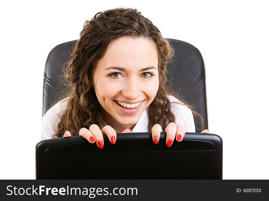 Business woman in armchair with notebook. Business woman in armchair with notebook