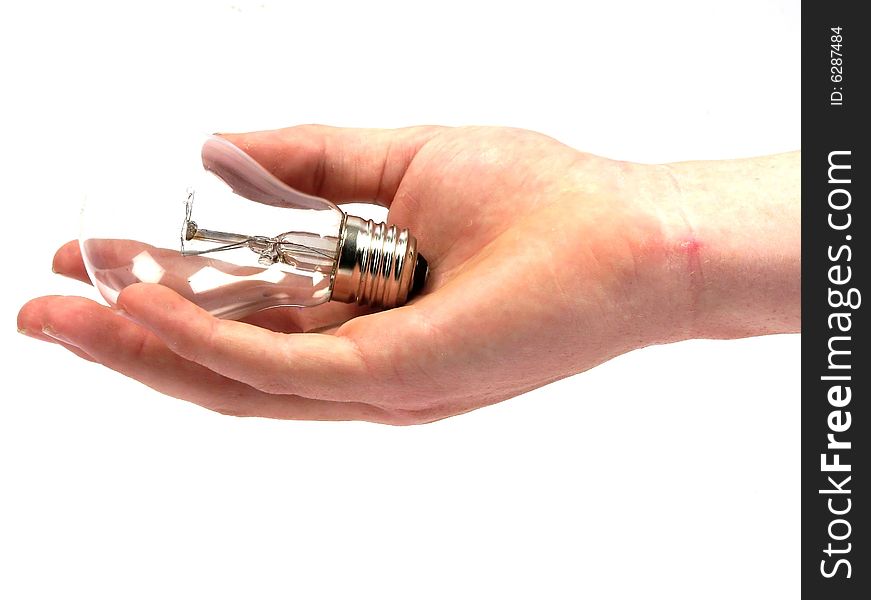 Hand holding light bulb with white background. Hand holding light bulb with white background