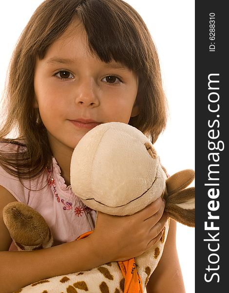 Little girl with plush giraffe on white. Little girl with plush giraffe on white