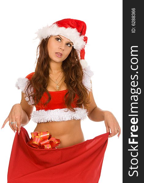 Young woman dressed as Santa Claus on a white background. Young woman dressed as Santa Claus on a white background