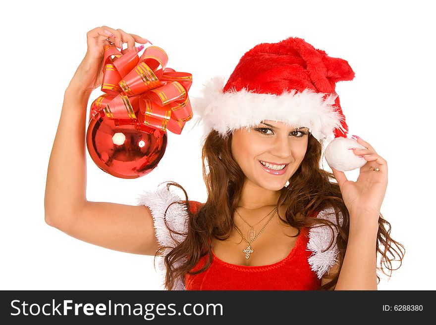 Young woman dressed as Santa Claus on a white background. Young woman dressed as Santa Claus on a white background