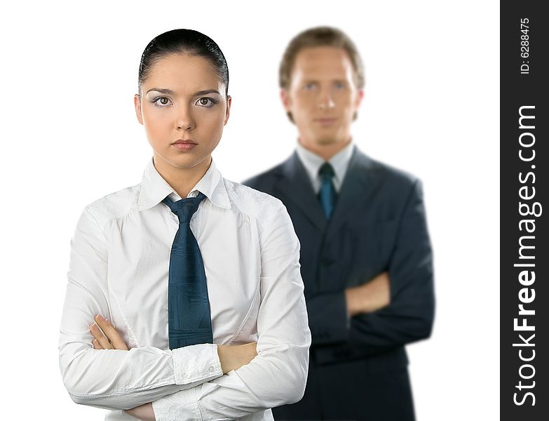 Businesswoman and man on white background