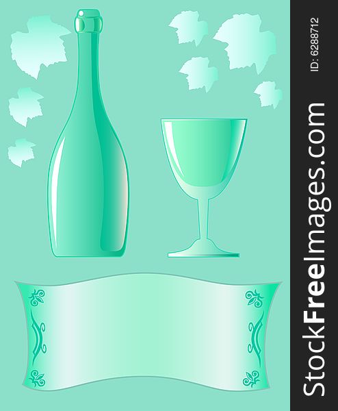 Vector figure of a bottle with a glass for wine on a shelf of bar. Vector figure of a bottle with a glass for wine on a shelf of bar