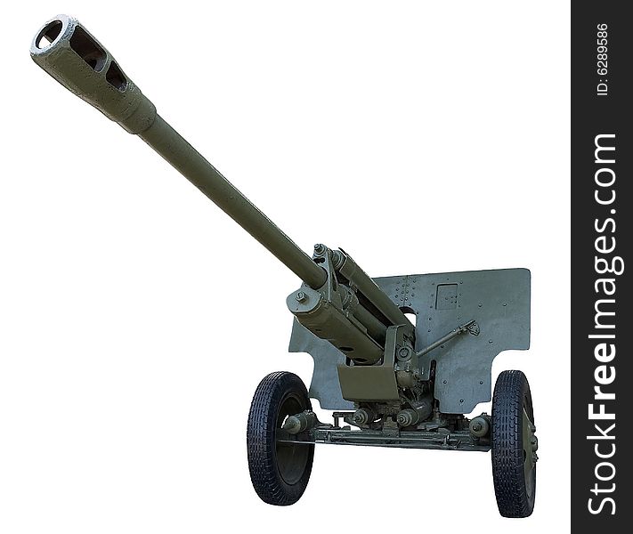 Old Soviet heavy gun of Second World War isolated over white. Clipping path. Old Soviet heavy gun of Second World War isolated over white. Clipping path.