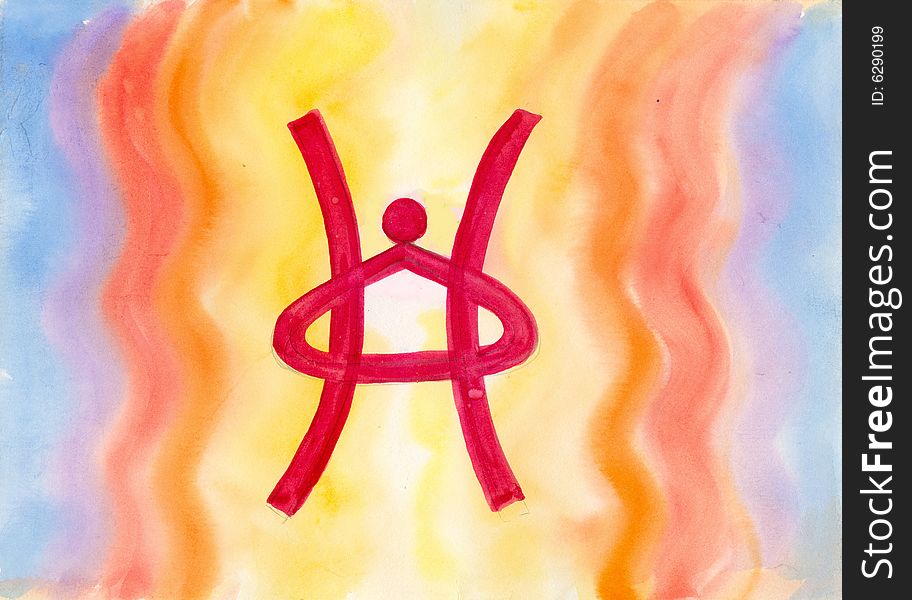 Watercolours painting with red rune on rainbow. Watercolours painting with red rune on rainbow