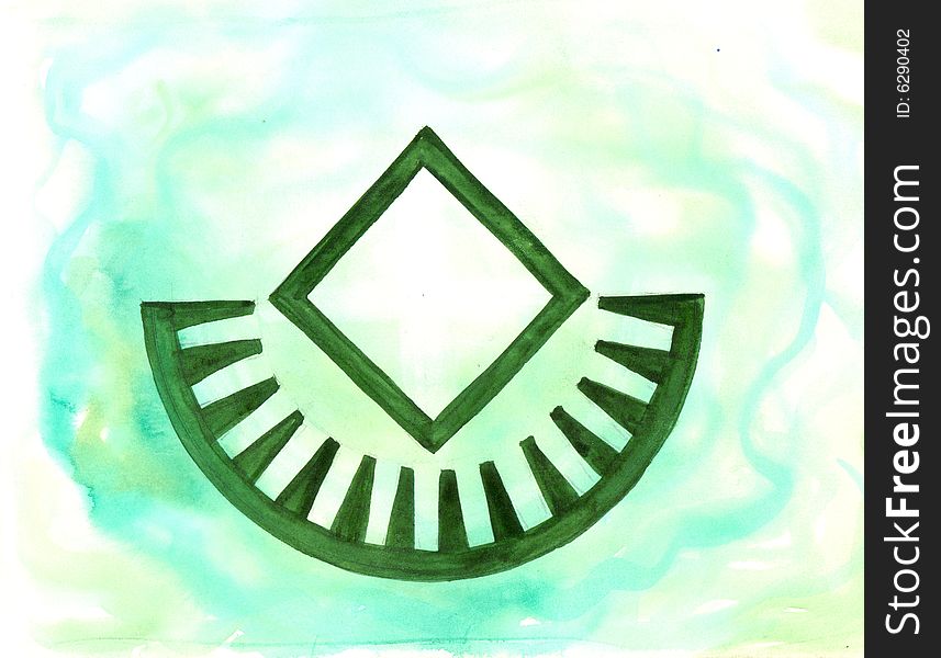 Watercolours painting with green rune and white-green background. Watercolours painting with green rune and white-green background