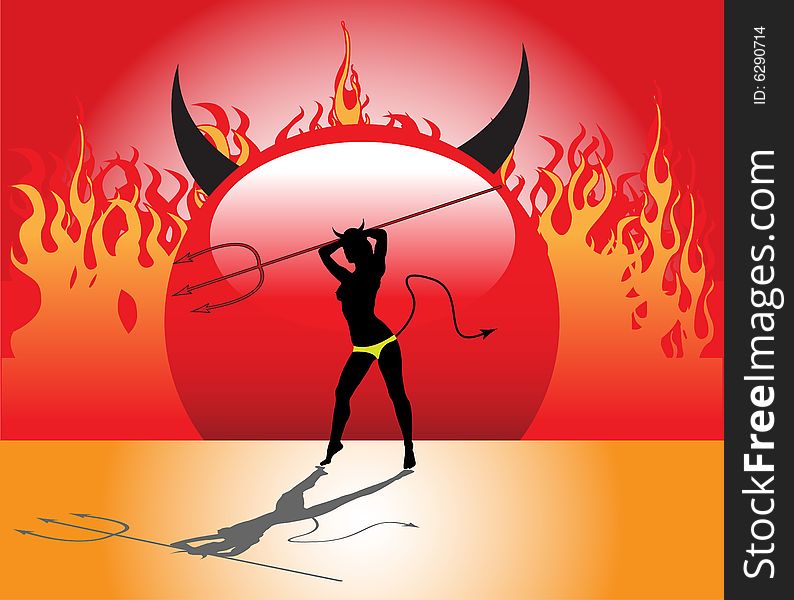 Devil woman shape holding a trident and standing in front of fire flames. Devil woman shape holding a trident and standing in front of fire flames