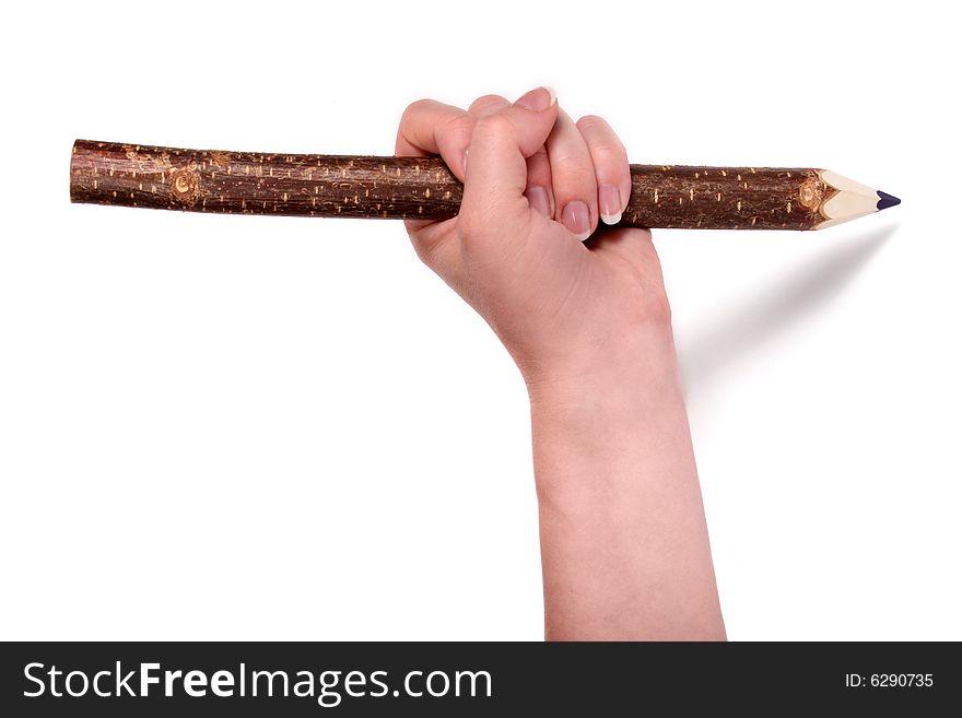 Hand with wooden pencil on white