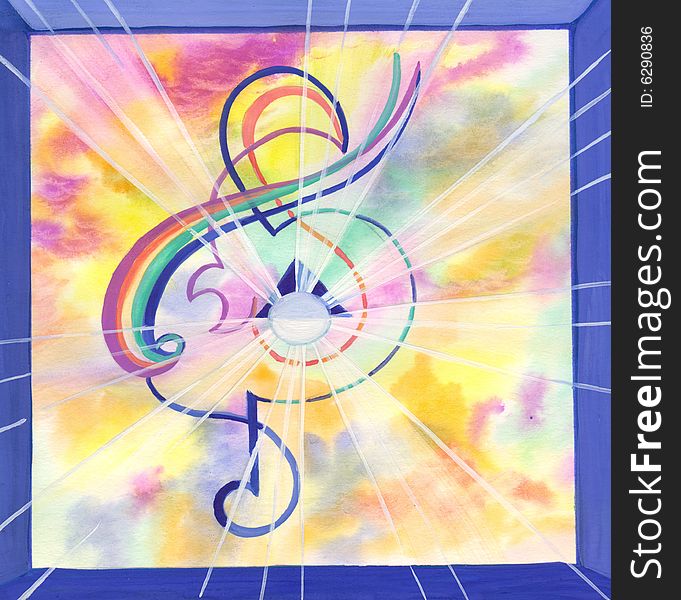 Watercolour hand drawn abstraction with coloured treble clef in coloured background