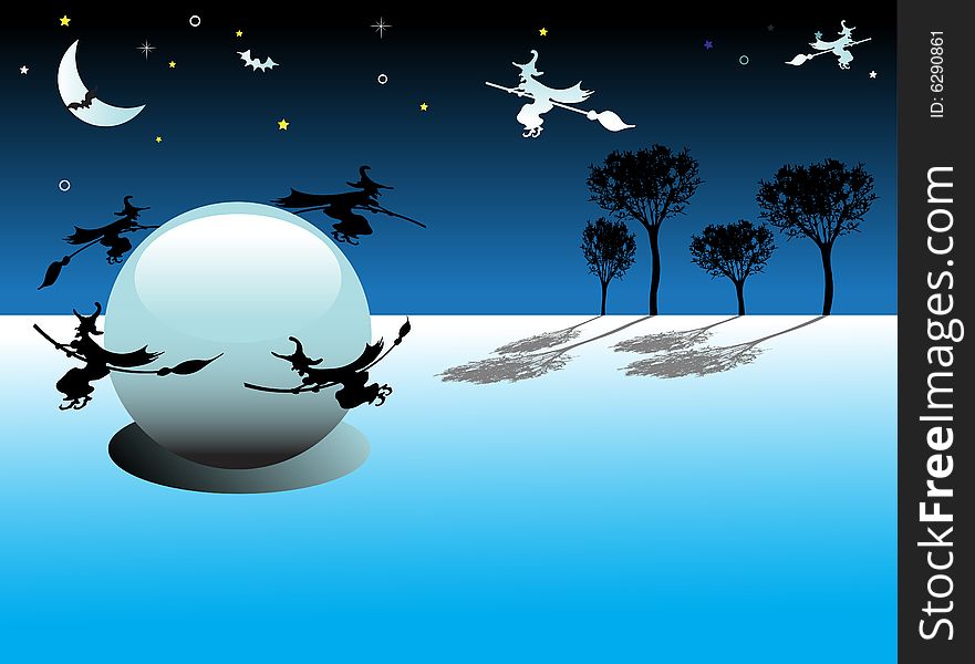 Abstract colored background with moon, stars, trees and witches flying around a huge crystal ball. Abstract colored background with moon, stars, trees and witches flying around a huge crystal ball
