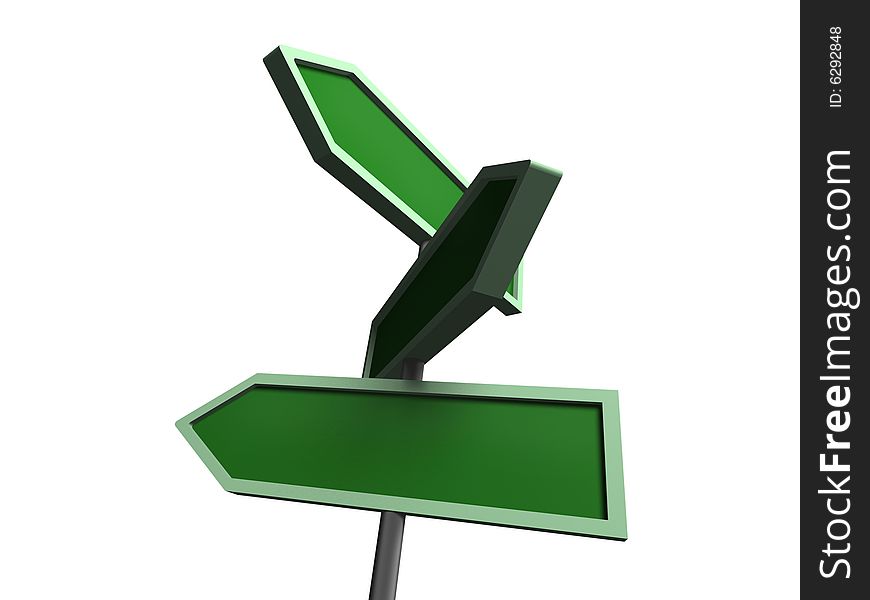 Isolated green road sign pointing. Isolated green road sign pointing