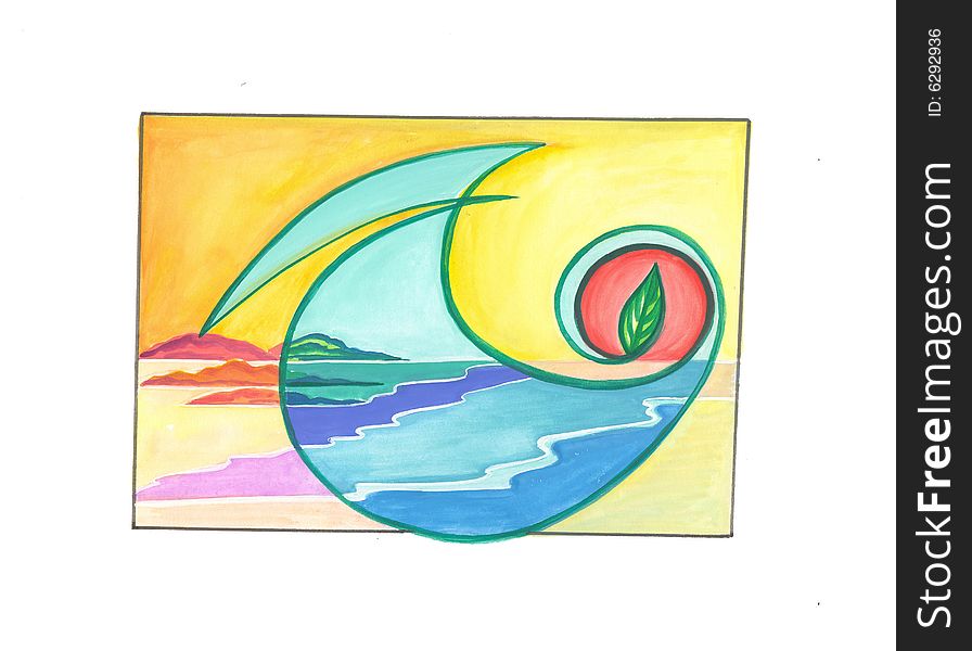 Hand drawn watercoloured picture with green leaf on red-orange sun in yellow-blue landscape. Hand drawn watercoloured picture with green leaf on red-orange sun in yellow-blue landscape