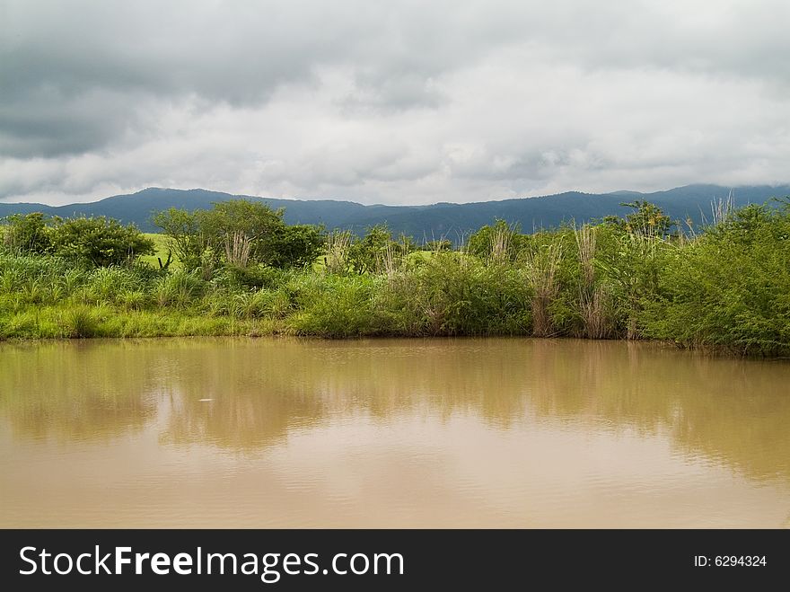 Muddy pond in a farm with cloudy sky