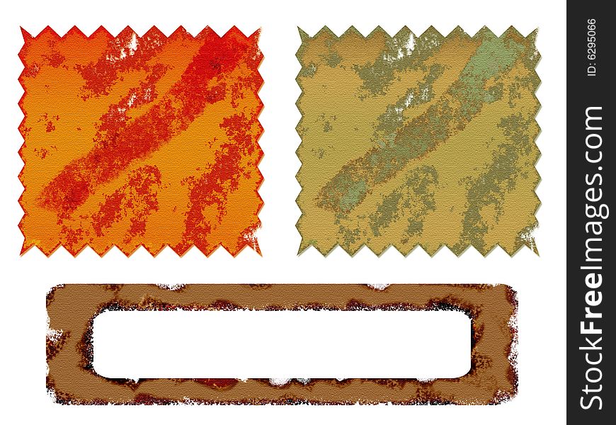 Three grunge textures: orange, green, brown on white