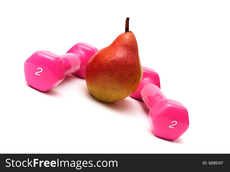Two pink dumbbells with pear on the white background