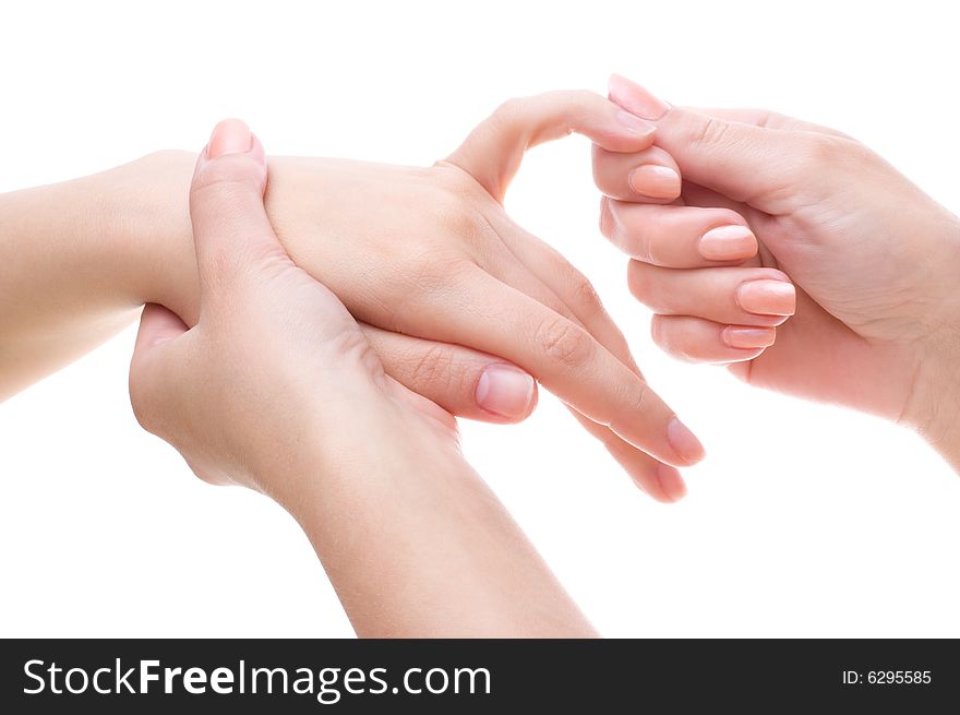 Female palm and fingers massage, isolated on white. Female palm and fingers massage, isolated on white