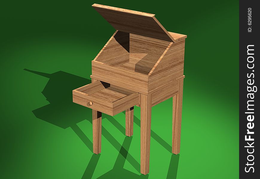 A computer generated image of a 3D model of a shaker desk, created with 3D Studio Max. This is a 3/4 front view with drawer and lid open. A computer generated image of a 3D model of a shaker desk, created with 3D Studio Max. This is a 3/4 front view with drawer and lid open.