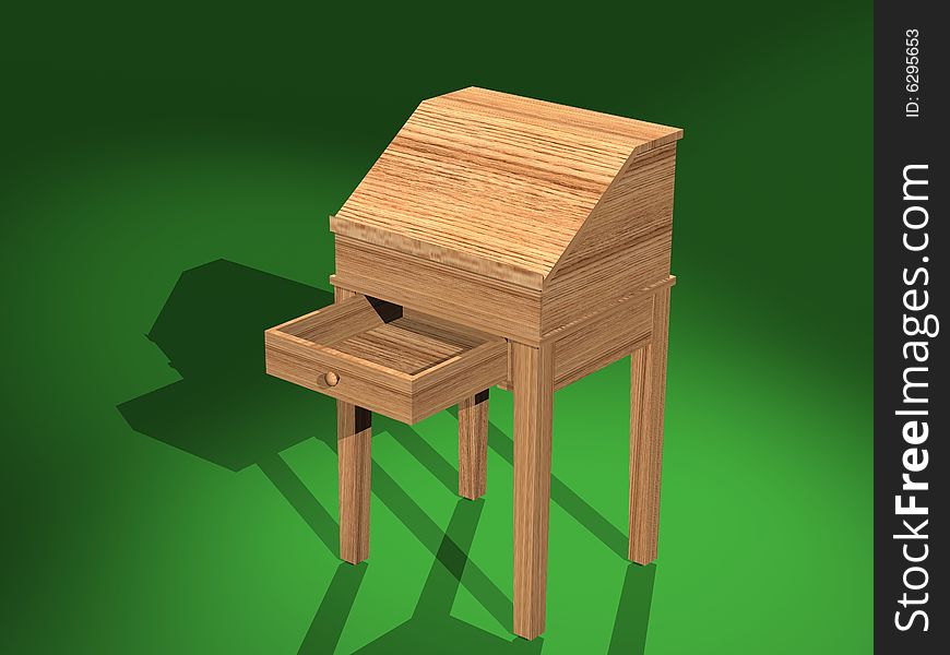 A computer generated image of a 3D model of a shaker desk, created with 3D Studio Max. This is a 3/4 front view with drawer open. A computer generated image of a 3D model of a shaker desk, created with 3D Studio Max. This is a 3/4 front view with drawer open.