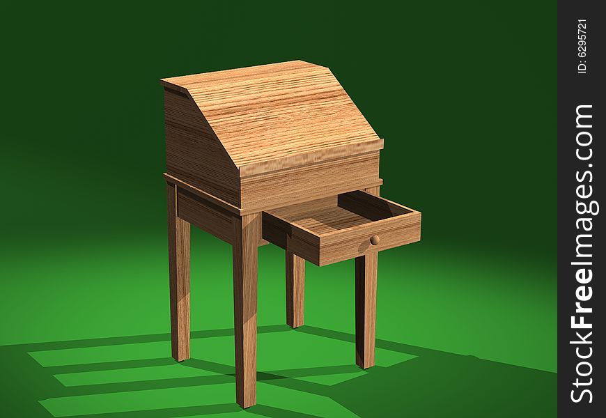 A computer generated image of a 3D model of a shaker desk, created with 3D Studio Max. This is a 3/4 front view with drawer open. A computer generated image of a 3D model of a shaker desk, created with 3D Studio Max. This is a 3/4 front view with drawer open.