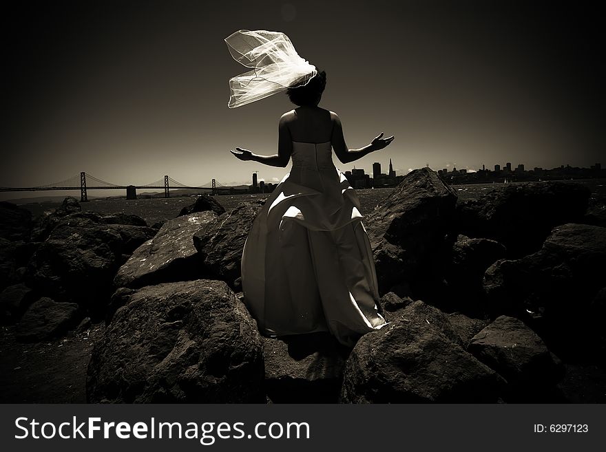 Bride with open arms in front of San Francisco Bay
