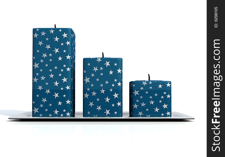 Christmas blue candle on silver tray - digital artwork. Christmas blue candle on silver tray - digital artwork