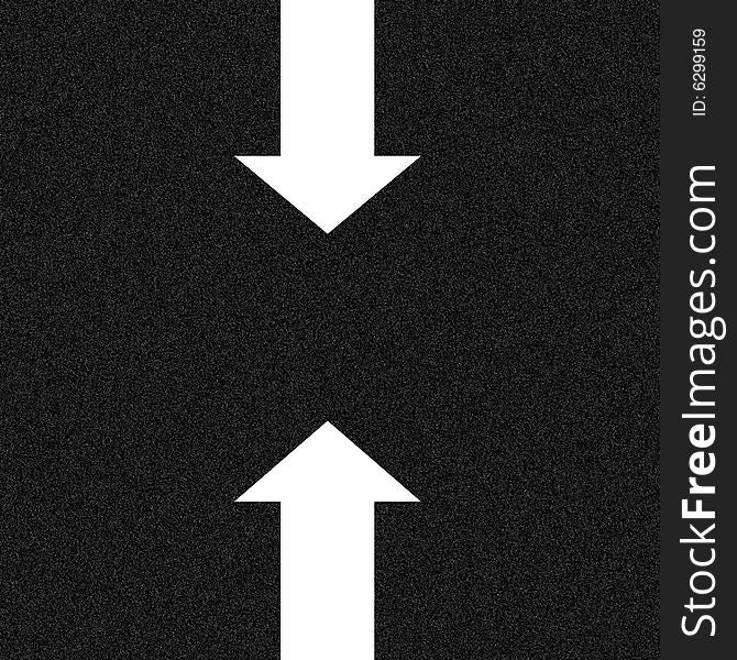 Two white arrows pointing towards the centre over a highly realistic asphalt road surface. Two white arrows pointing towards the centre over a highly realistic asphalt road surface