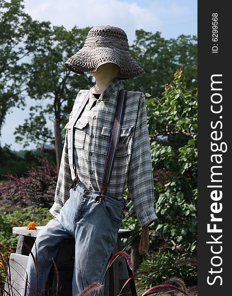 A nontraditional slender femine scarecrow standing in a field