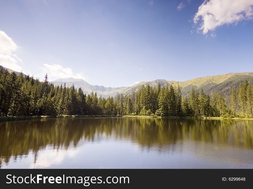 Mountain lake in Polish Tatras reflecting a forest