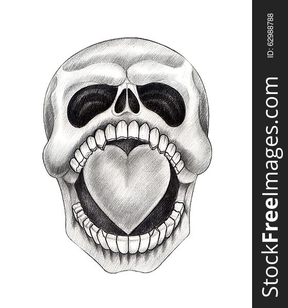 Art skull heart tattoo.