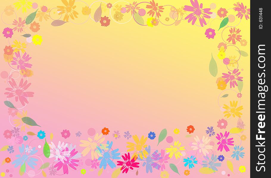 Flowers, circles and leaves background, pink and yellow tones. Flowers, circles and leaves background, pink and yellow tones