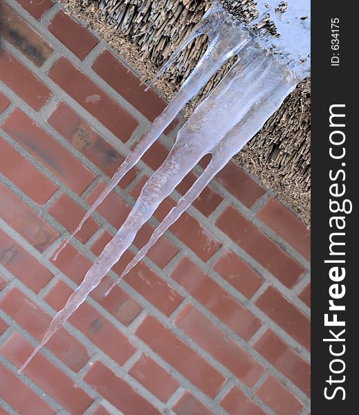 Icicles hanging from thatched roof top. Icicles hanging from thatched roof top