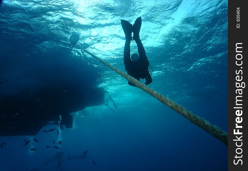 A diver on his way back to the surface from the wreck of Salem Express. A diver on his way back to the surface from the wreck of Salem Express