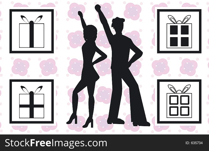 Silhouettes of people dancing, with 4 present designs - additional ai and eps format available on request
