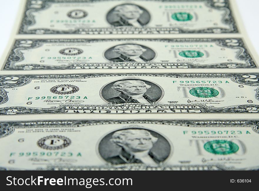 Uncut sheet of US two-dollar bills. Uncut sheet of US two-dollar bills