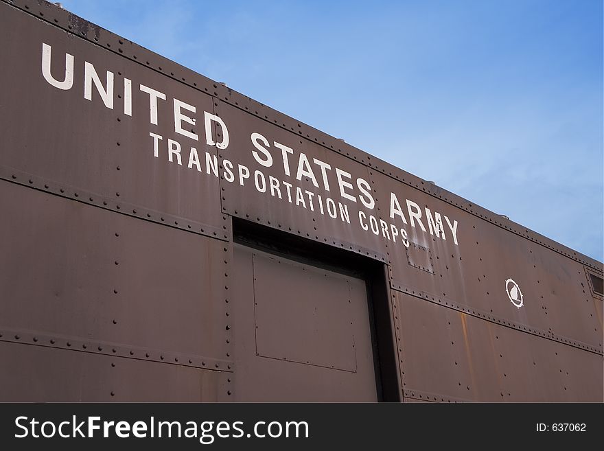 Old US Army rail-car with text US Army Transportation Corps. Old US Army rail-car with text US Army Transportation Corps