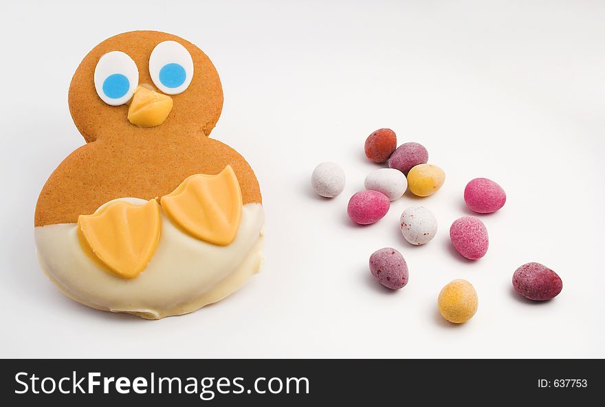 Easter gingerbread chick with miniature chocolate eggs
