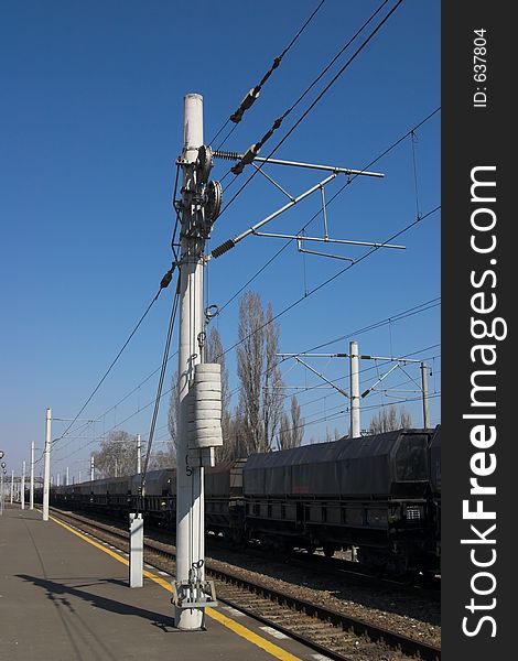 Railway pole with high-voltage electrical wires. Railway pole with high-voltage electrical wires