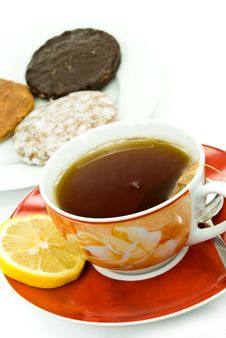 A Cup Of Red Tea With Mixed Cookies Stock Photos A Cup Of Red Tea With Mixed Cookies Stock Photos
