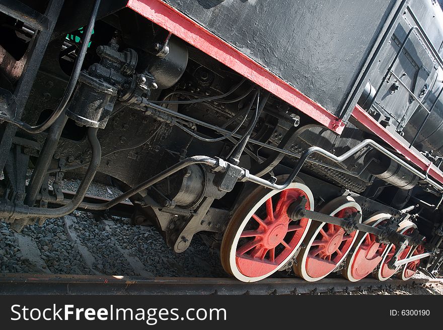 Red wheels of steam locomotive. Red wheels of steam locomotive