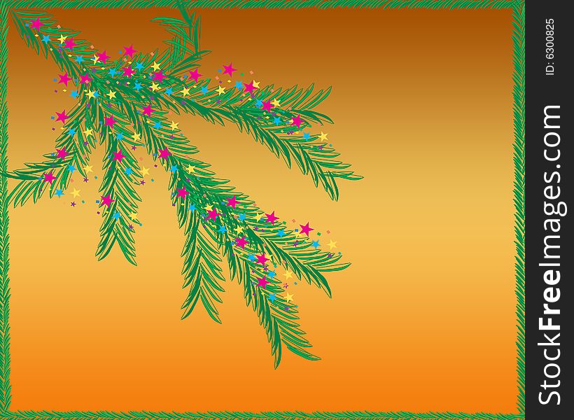 Pine tree branch decorated with different sizes of colorful stars. Pine tree branch decorated with different sizes of colorful stars